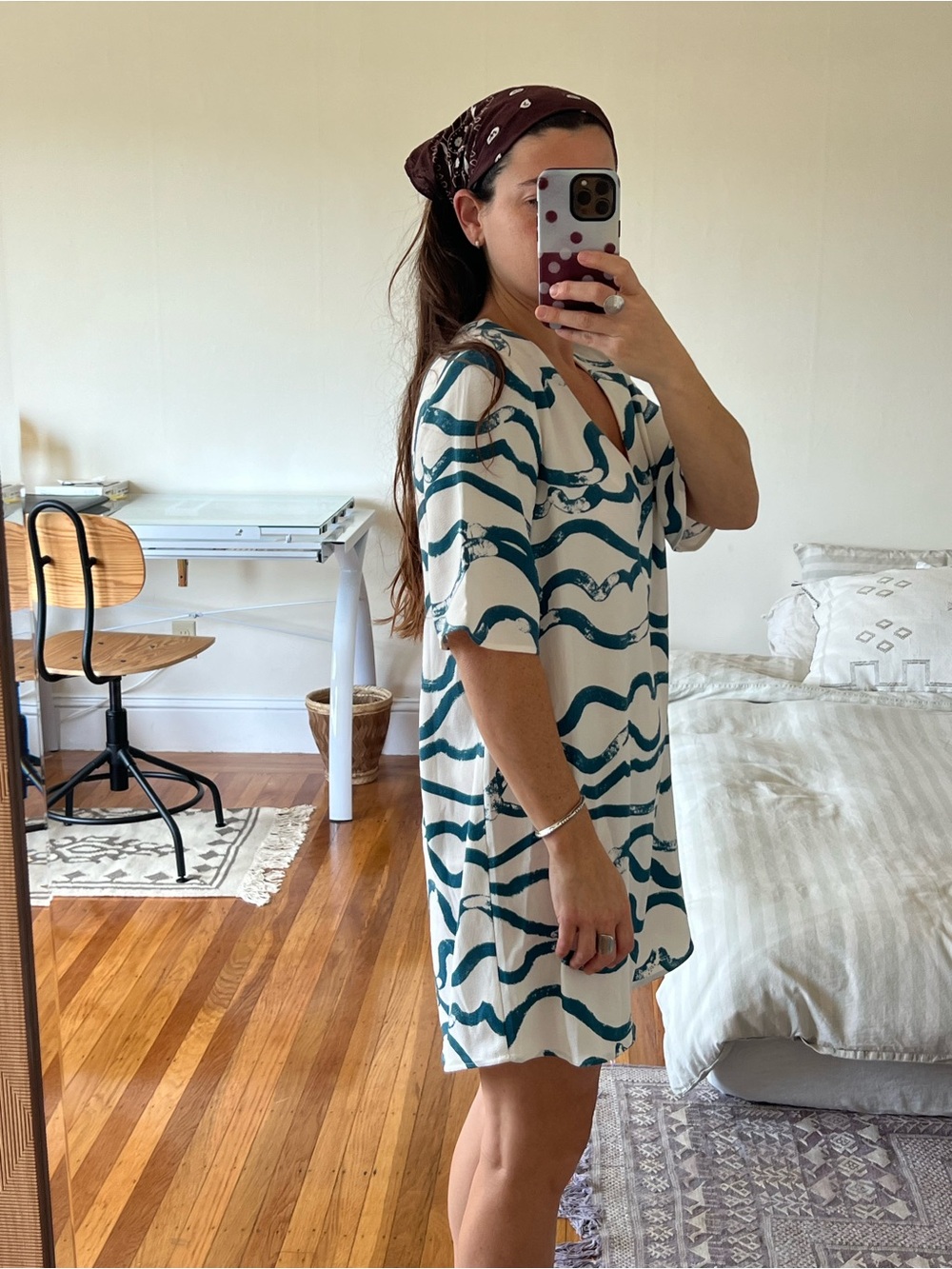 Nwot 2010s American Apparel Size S White + Blue Dress With Abstract Wave Print View 4